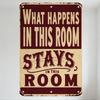 Vintage Rustic Metal Sign 'What Happens In This Room Stays In This Room' Distressed Maroon Beige Aged Tin Plaque for Man Cave Ba