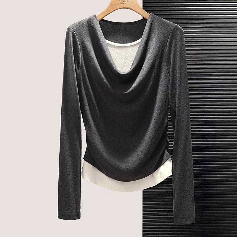 

Women s Color Block Fake Two-Piece Slim Fit Long Sleeve Top L
