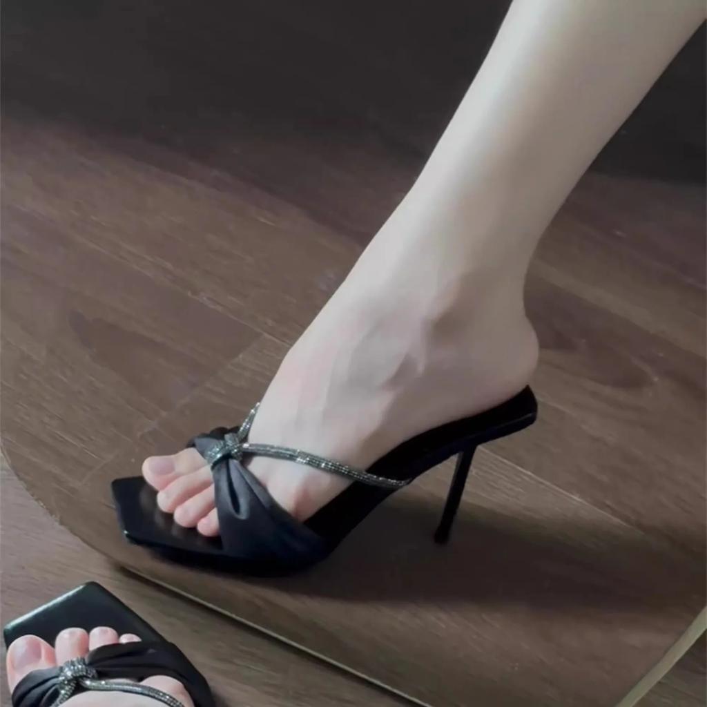 Fashion Square Head Bow High Heels Women's Rhinestone Stilettos One-strap Half Slippers for Outdoor Wear Without Tiring Feet 2025 Summer