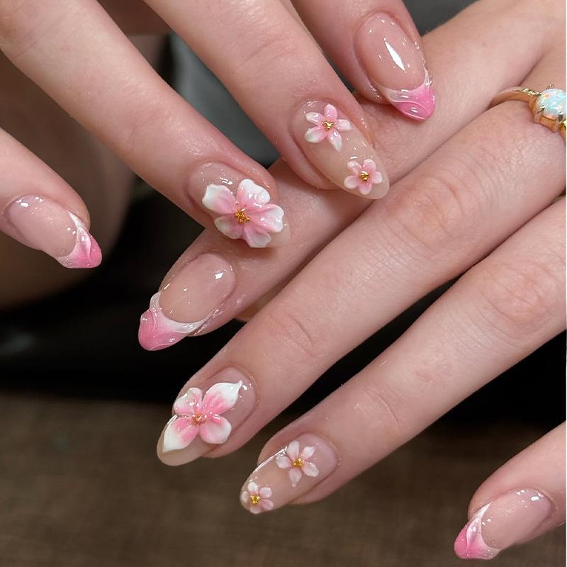 

30pcs 3D Pink Floral Almond Wearable Nail Art Tips - Exquisite French Manicure Prepared Set (Three Pairs Full Rhinestones)