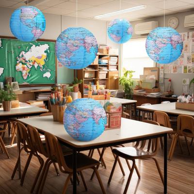 Lanterna Suspensa Volta ao Mundo com Tema de Viagem Lanterna Redonda de Papel Decoração de Sala de Aula para o Dia da Terra para Casa Decoração de Festa com Tema Terra