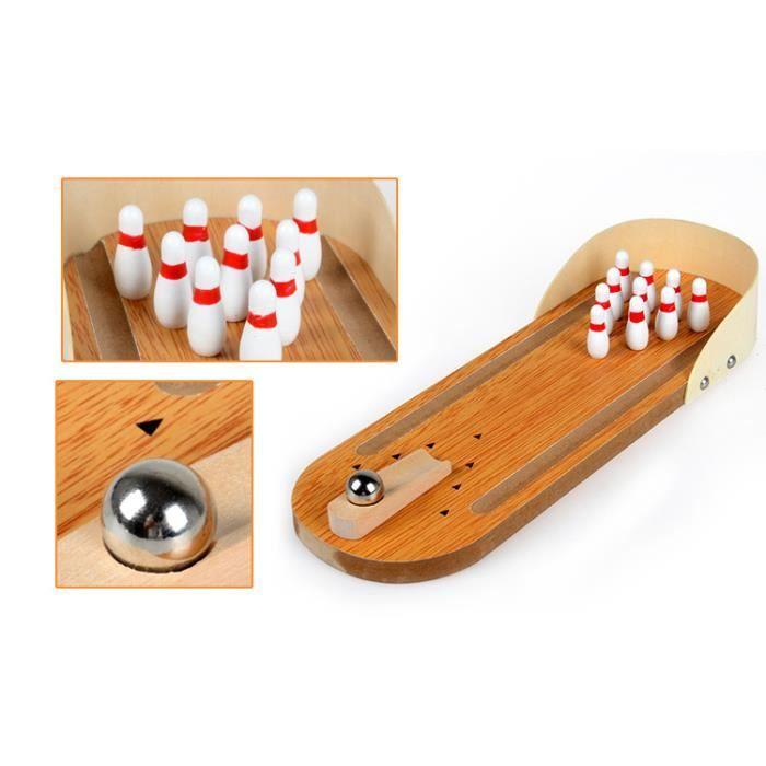 Mini Table Bowling - Set with 10 Pins - Skill Game for Adults and Children - Brown - Indoor