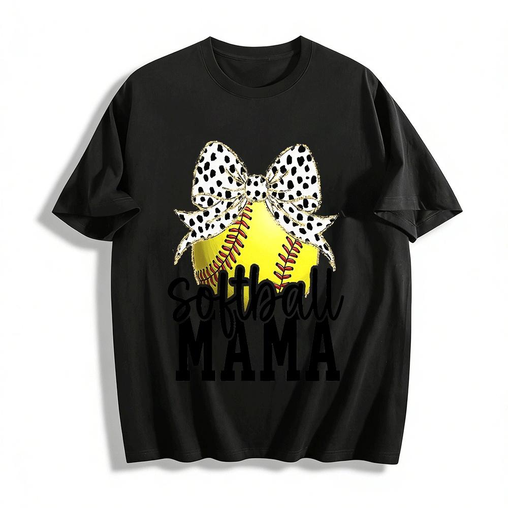 Softball Mama Print T Shirt Cute Bow Softball Graphic Top For Women Pure cotton T-shirt XXS