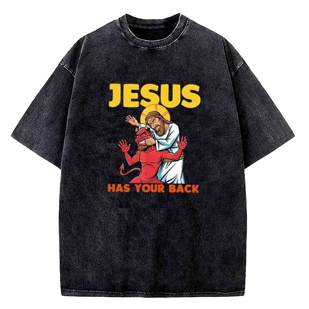 Jesus Has Your Back Jiu Jitsu cotton Vintage Washed t shirt men Trendy Y2k 80s t-shirt Grunge Breathable Retro hip hop