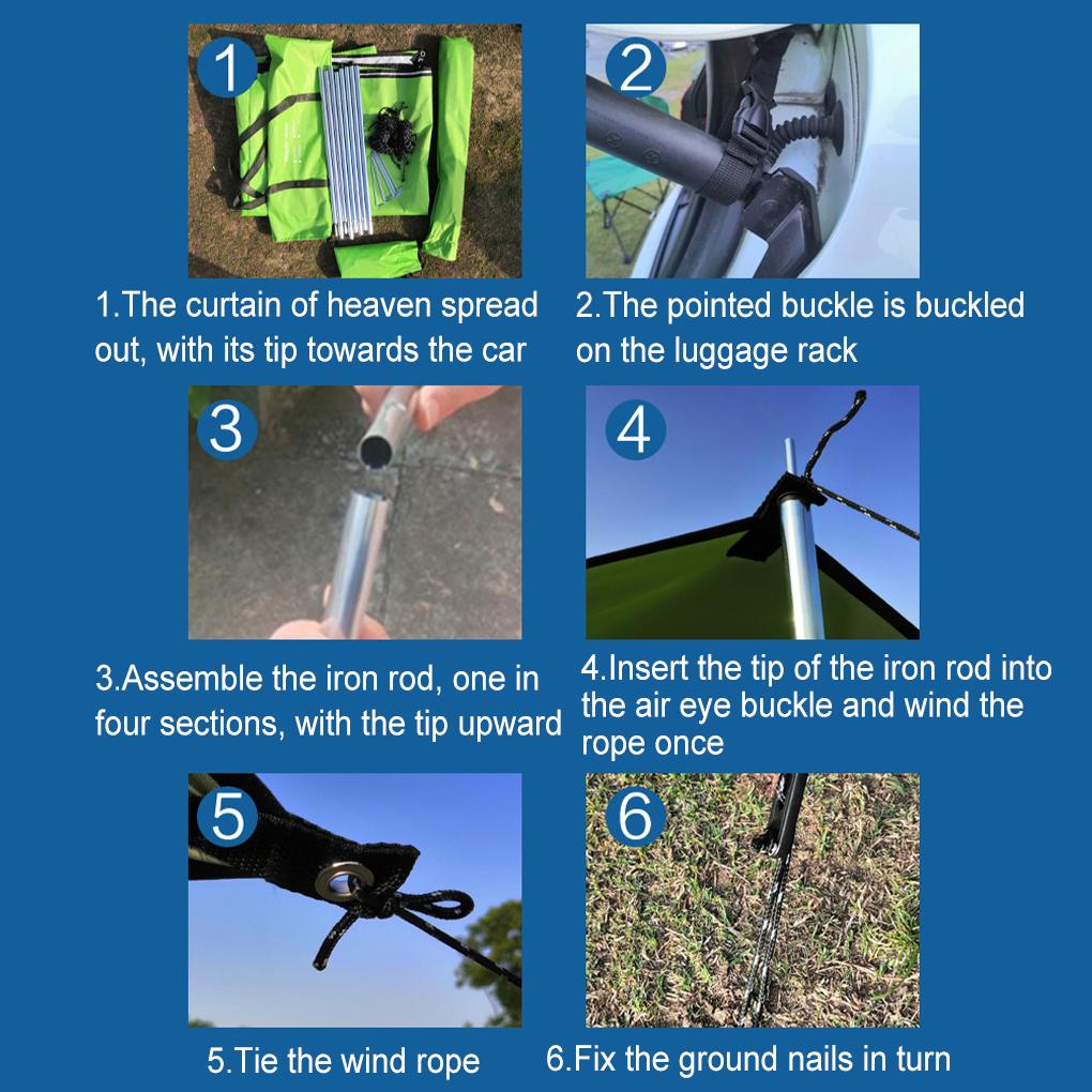 Car Side Awning Portable Foldable Height Adjustable Metal Rod Windproof Sunproof Automotive Tent Camping Sunshade Canopy