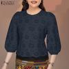 ZANZEA Women Casual O-neck 3/4 Sleeve Embroidery Lace Blouse