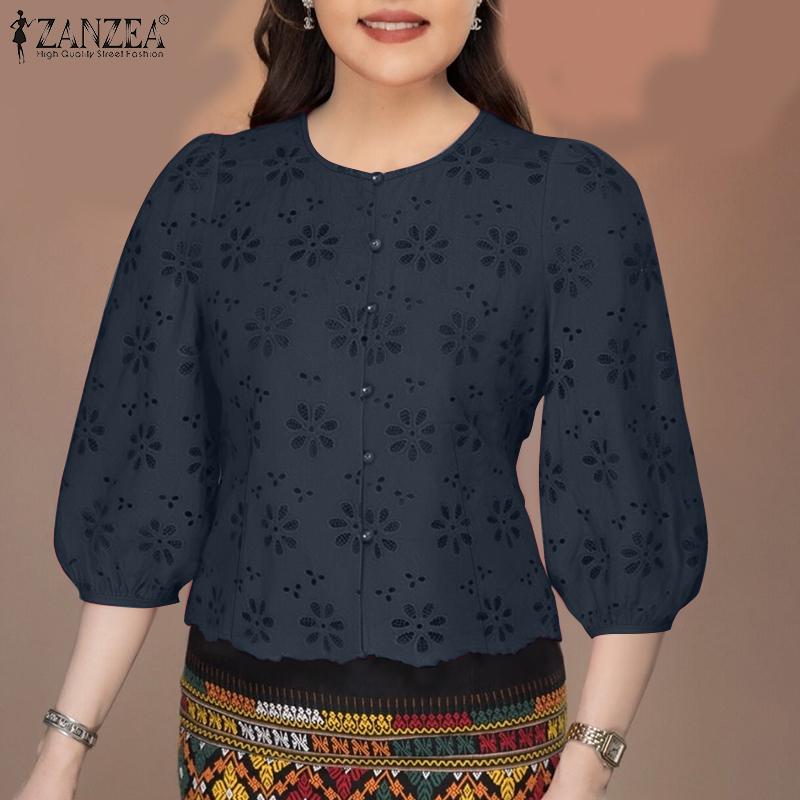 ZANZEA Women Casual O-neck 3/4 Sleeve Embroidery Lace Blouse