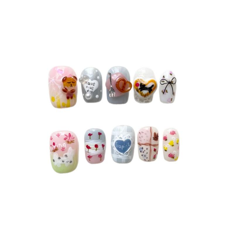 Hand-Painted Press-On Nails Short Square Cat Eye Design Cute Kawaii Style Wearable Nail Tips Women Teens