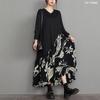 Maxi Long Floral Long One Loose Body Autumn Dress [TAITENG] Dress, Sleeve, Pattern, Switching, V-Neck, Length, Piece, Autumn, Oversized, Dress, Tunic,