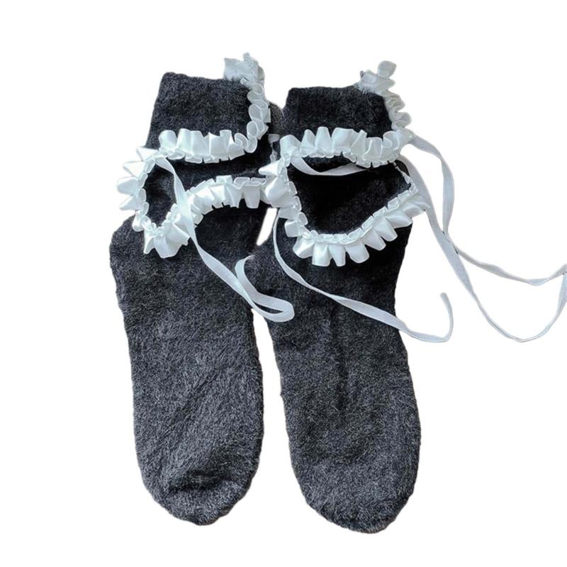 

Women Winter Warm Furry Plush Calf Socks Japanese Sweet Lace-Up Bowknot Hollow Out Ruffle Trim JK Girl Fuzzy Ankle Socks One Size чорний