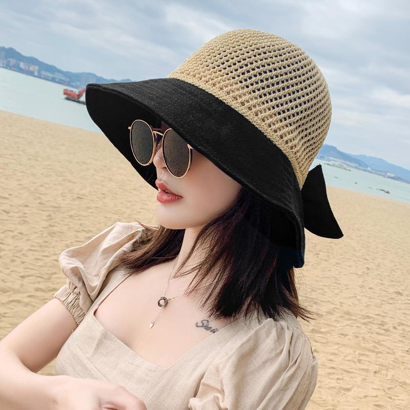 Sun hat large brim sun protection bucket hat foldable hollow splicing bow straw hat seaside vacation sun hat