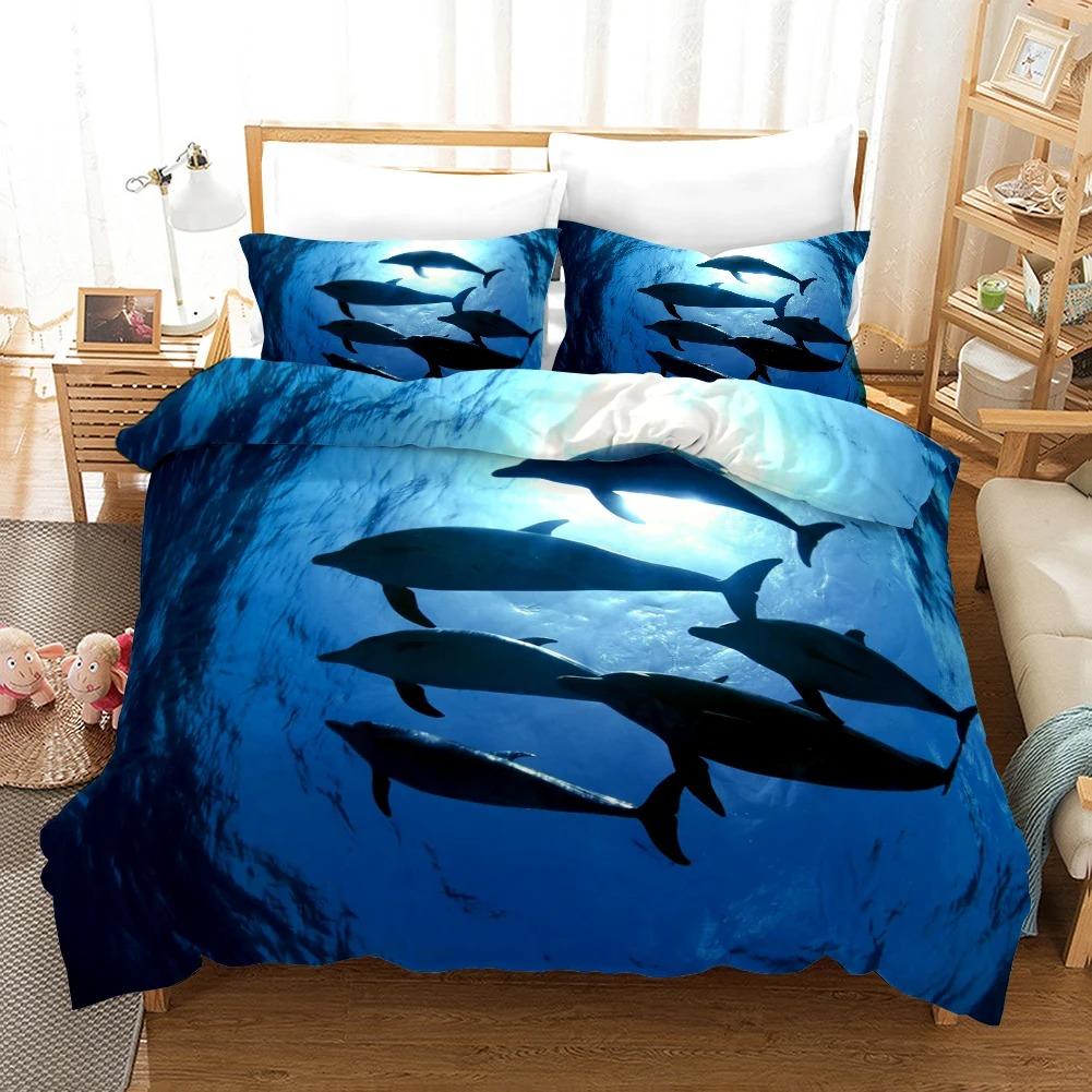 Delfin Dynetrekksett 3D Delfiner Hopper Sengetøy Polyester Havdyr Tema For Tenåringer Dobbel Queen King Size Dyne Trekk