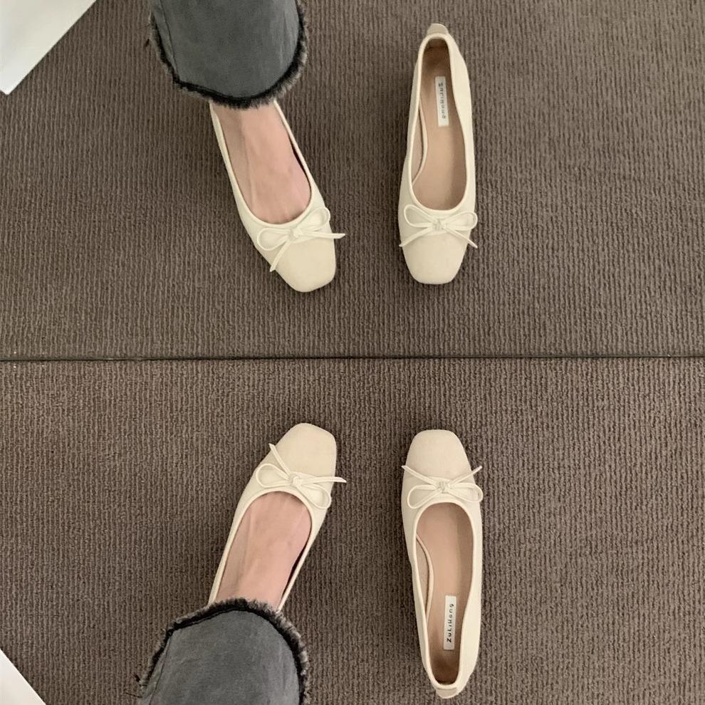 Evening gentle bow single shoes commuter black flats autumn and autumn French women's shoes with skirt high heels