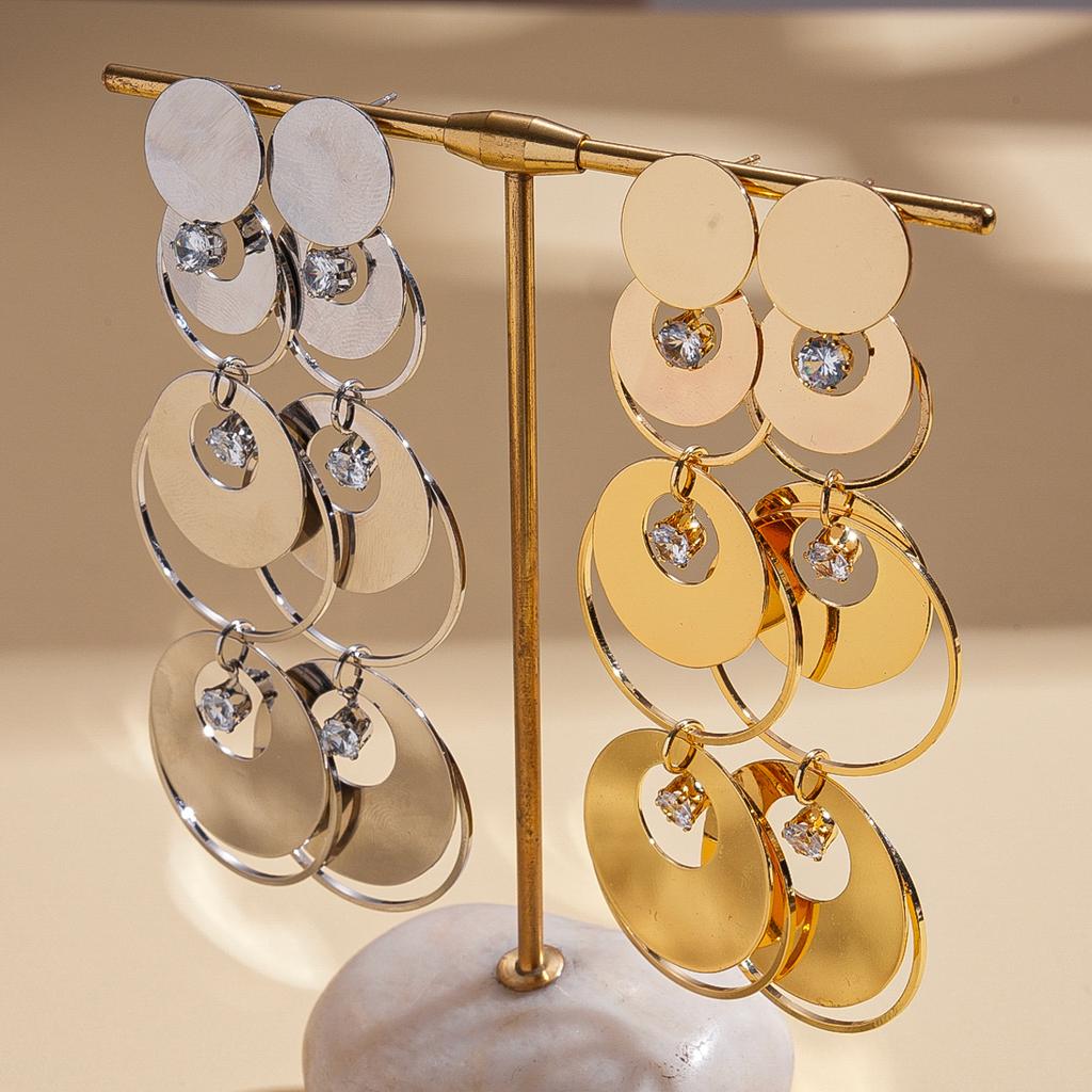 Metallic glossy zircon geometric round silver needle earrings personalized exaggerated earrings