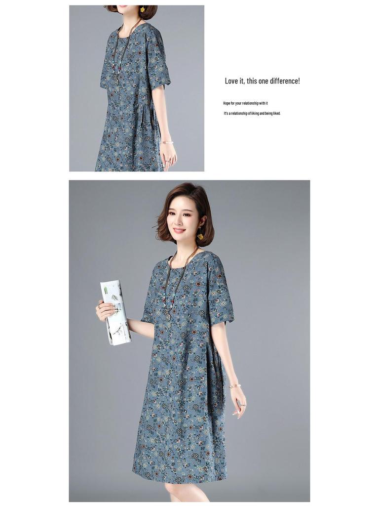 2025 Women's Summer Floral Cotton-Linen Mid-Length Slimming Dress