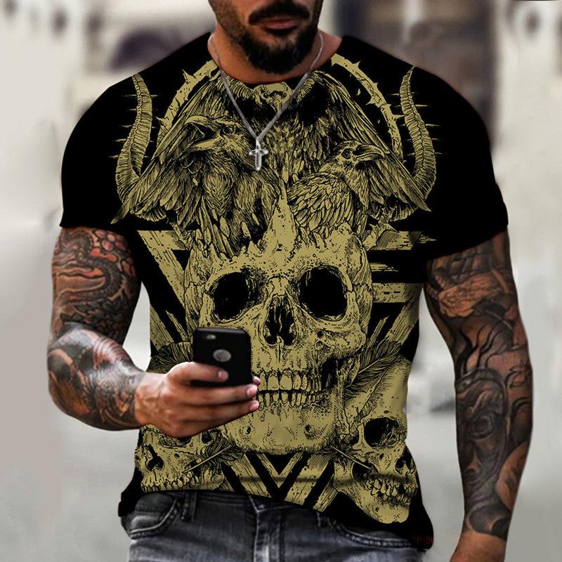 Plus Size 7XL Men's Sports Base Shirt Skull Print Men's T-shirt Short Sleeved Summer Fashion Outfit Shirt