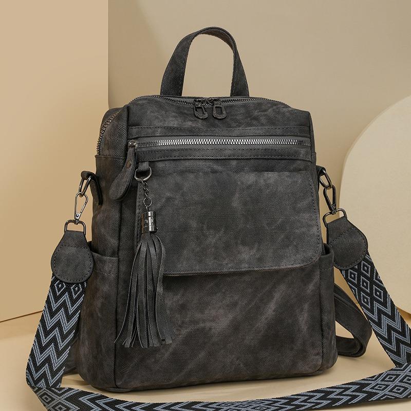 New Tassel Backpack Women's Large-capacity Commuting Retro Simple Multi-functional Casual Dual-purpose Shoulder Bag