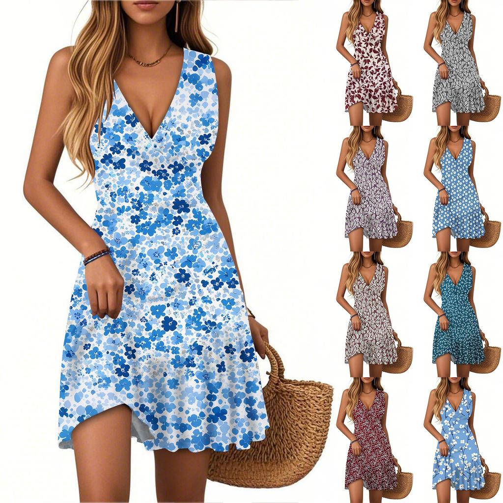 Women's Summer Dress V Neck Sleeveless Casual Floral Print Hem Pleated Dress