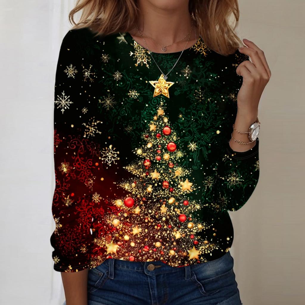 Women's Christmas Printed Round-neck Loose Long-sleeved Top