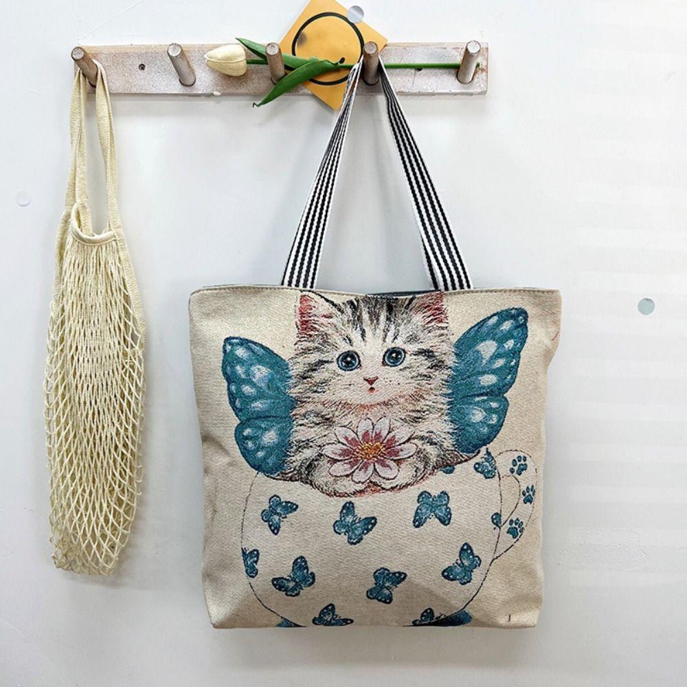 Embroidery Flower Cloth Bag Large Capacity Embroidery Tote Bag Simple Animal Shoulder Bag  Girls