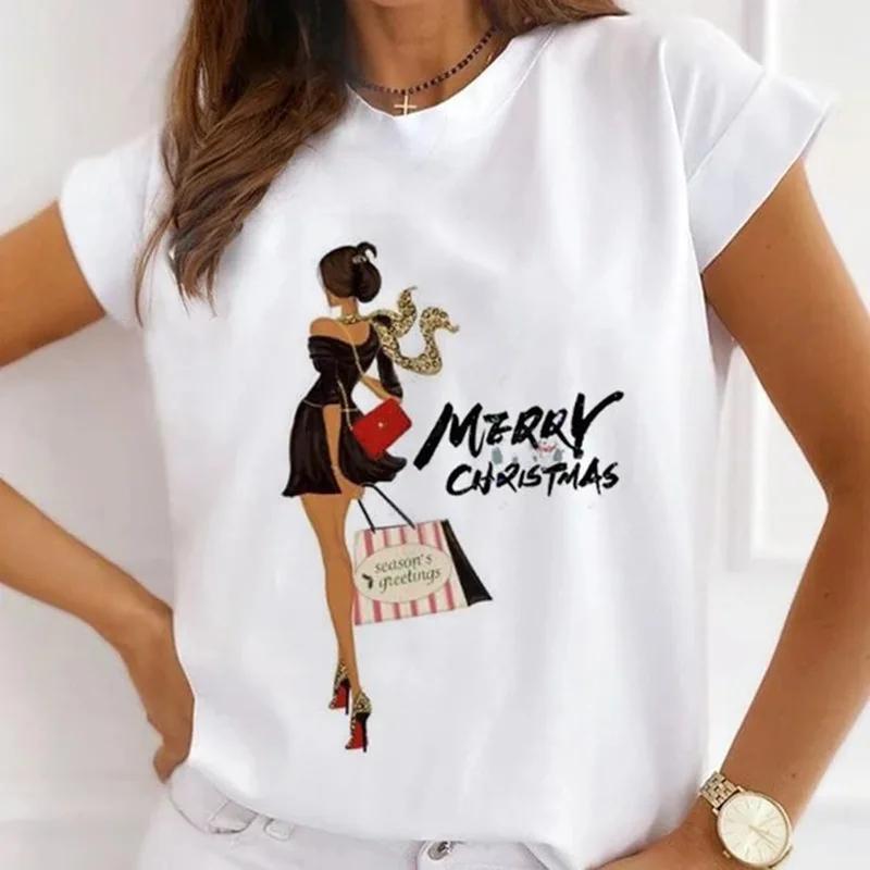 Festival Christmas Printed Short Sleeved Casual Womens Tshirt Crewneck Tops Kawaii Fashion Women TShirt Clothes Harajuku