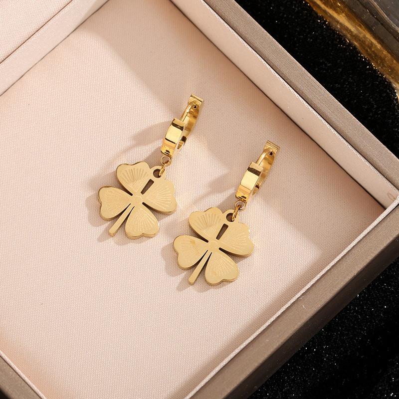 Versatile Titanium Steel Heart & Clover Earrings - Korean Style Personalized Design