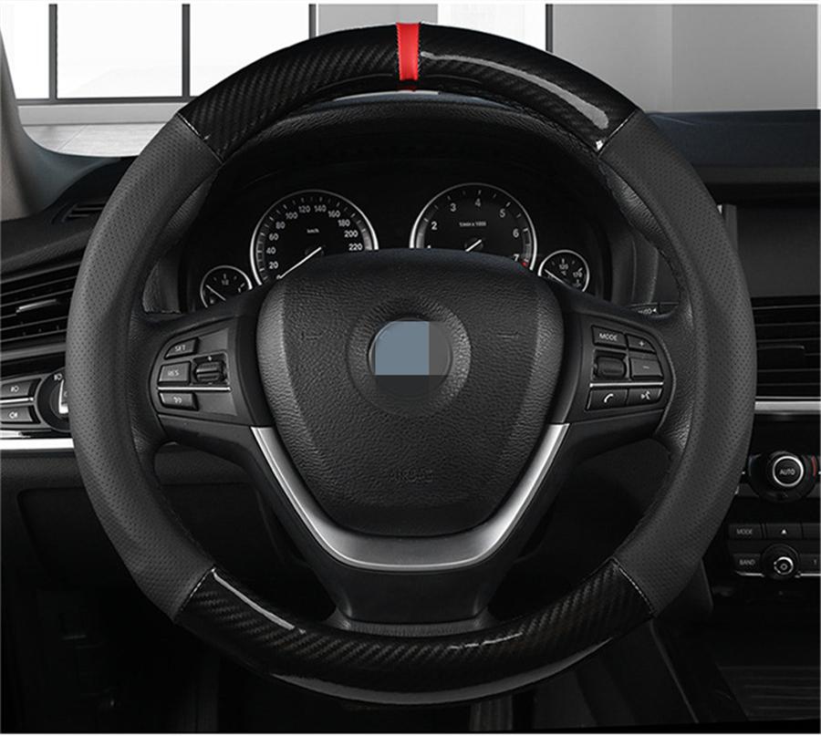 38CM Deluxe Black Carbon Fiber & Leather Car Steering Wheel Cover Trim Universal