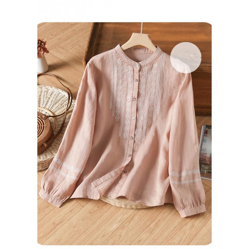 Women's Retro Embroidered Stand Collar Loose Long Sleeve Shirt Ladies Spring and Autumn Causal Elegant Top