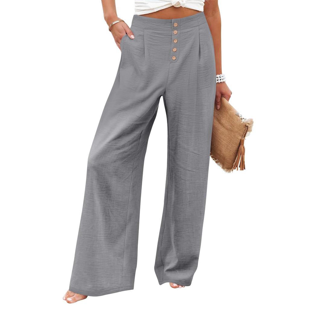 Široké kalhoty pro ženy Jednobarevné kalhoty s vysokým pasem, kalhoty na cvičení s knoflíky a kapsami