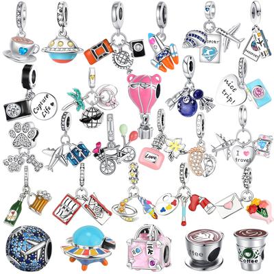 Prata 925 Charms de Avião Globo Viagem Contas Encaixe Pulseira Colar Joias DIY para Mulheres Homens