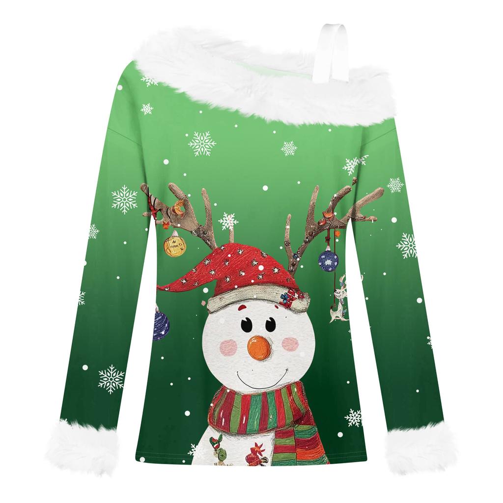 Dámská ležérní móda Sexy top s odhalenými rameny a vánočním vzorem, s dlouhým rukávem a kulatým výstřihem