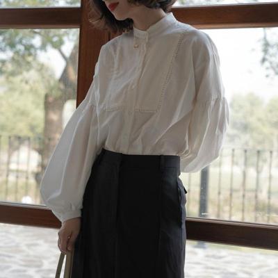 HOUZHOU Puff Sleeve White Shirt Women Retro Preppy Style Baggy Round Neck Single Breasted Elegant Tops