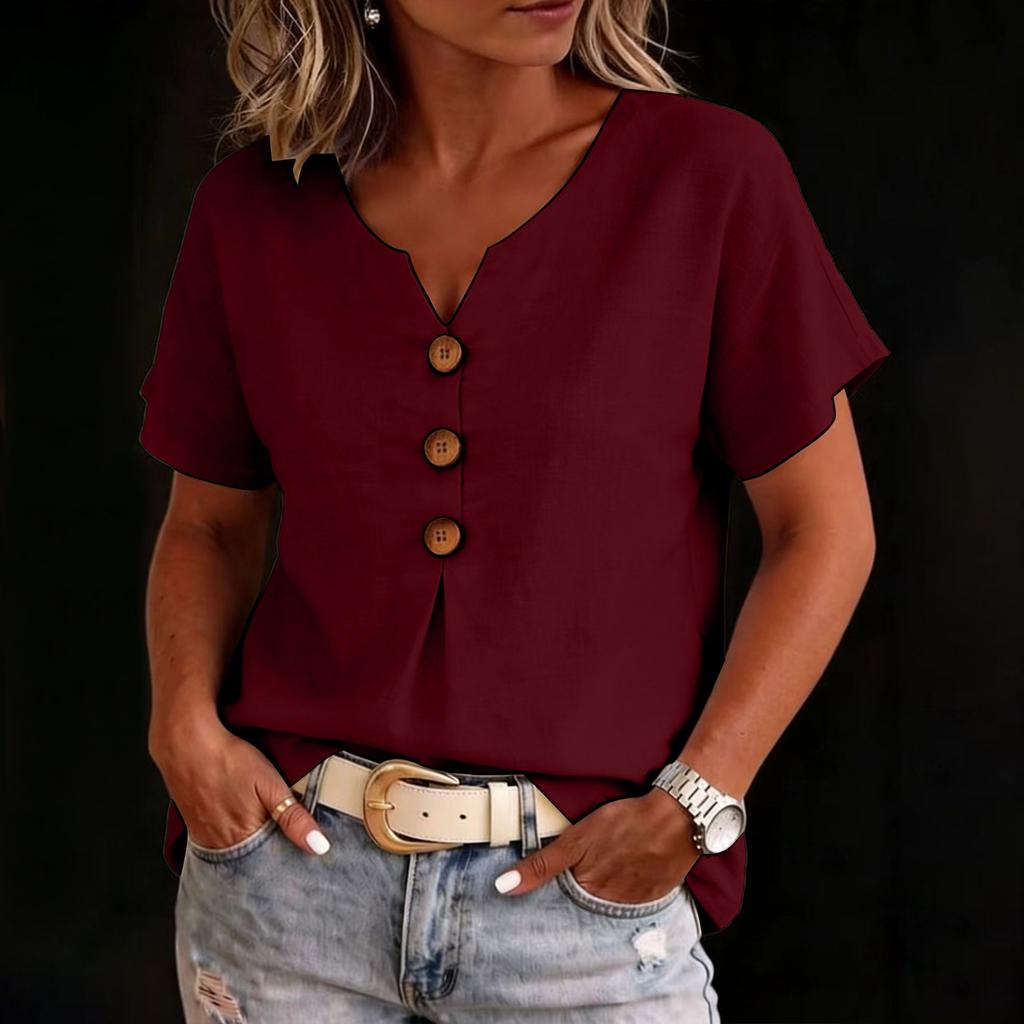 Women’s V Neck Cotton Linen Short Sleeve Button Front Casual Loose Fit Blouse Lightweight Summer Top for Daily Wear