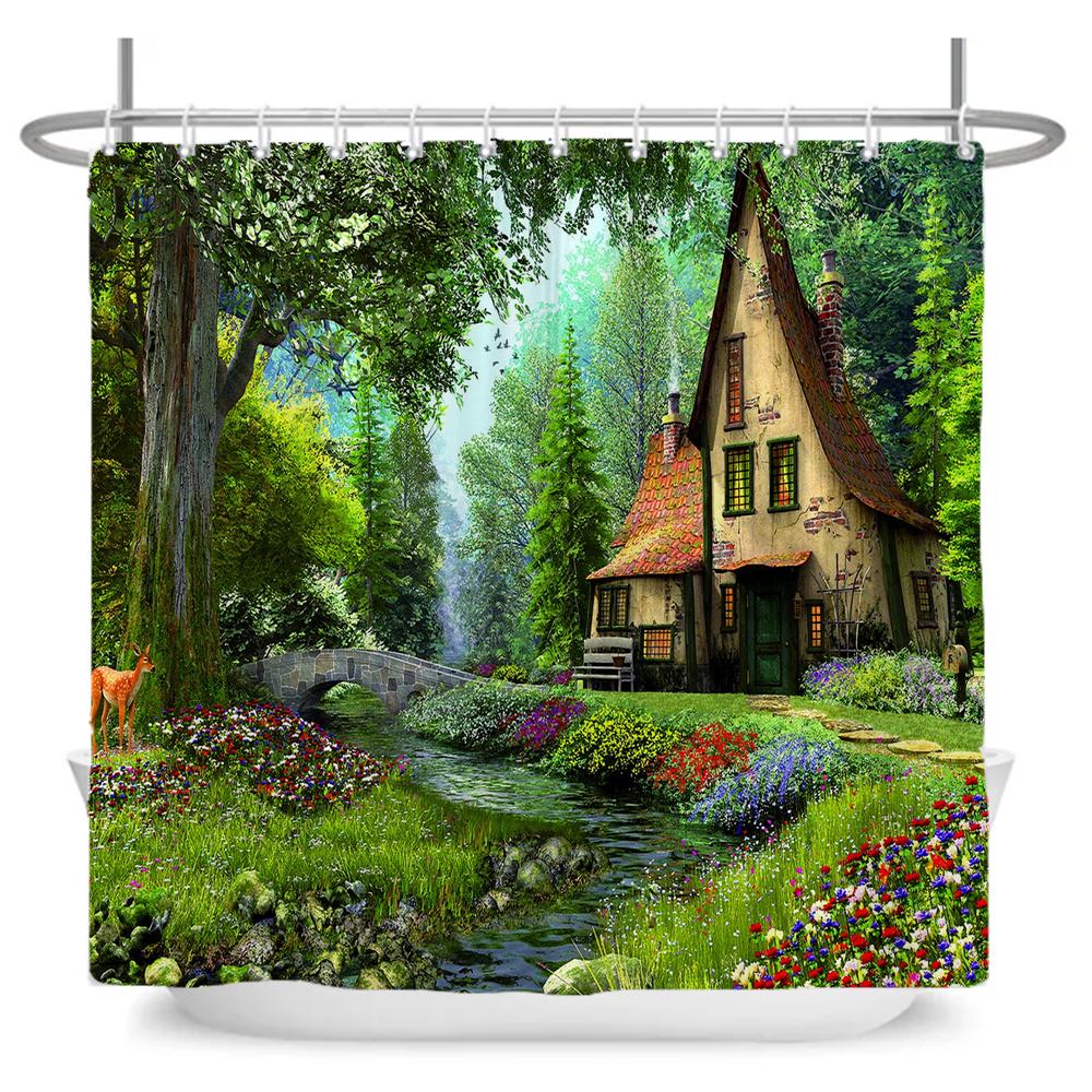 Enchanted Forest Shower Curtain Cartoon Magic Tale Mushroom Wonderland Gothic Shower Curtain Waterproof Bath Decor With Hooks