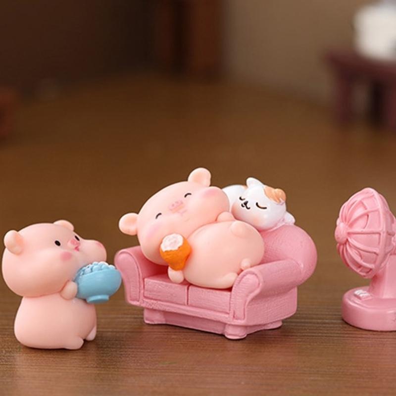 6Pieces Pink Pig Dolls Cartoon Animal Miniature Figurines for Car Rear View Mirror and Home Office Desktop Shelf Decors