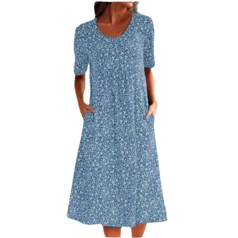 French holiday style new round neck short-sleeved floral mid-length dress women