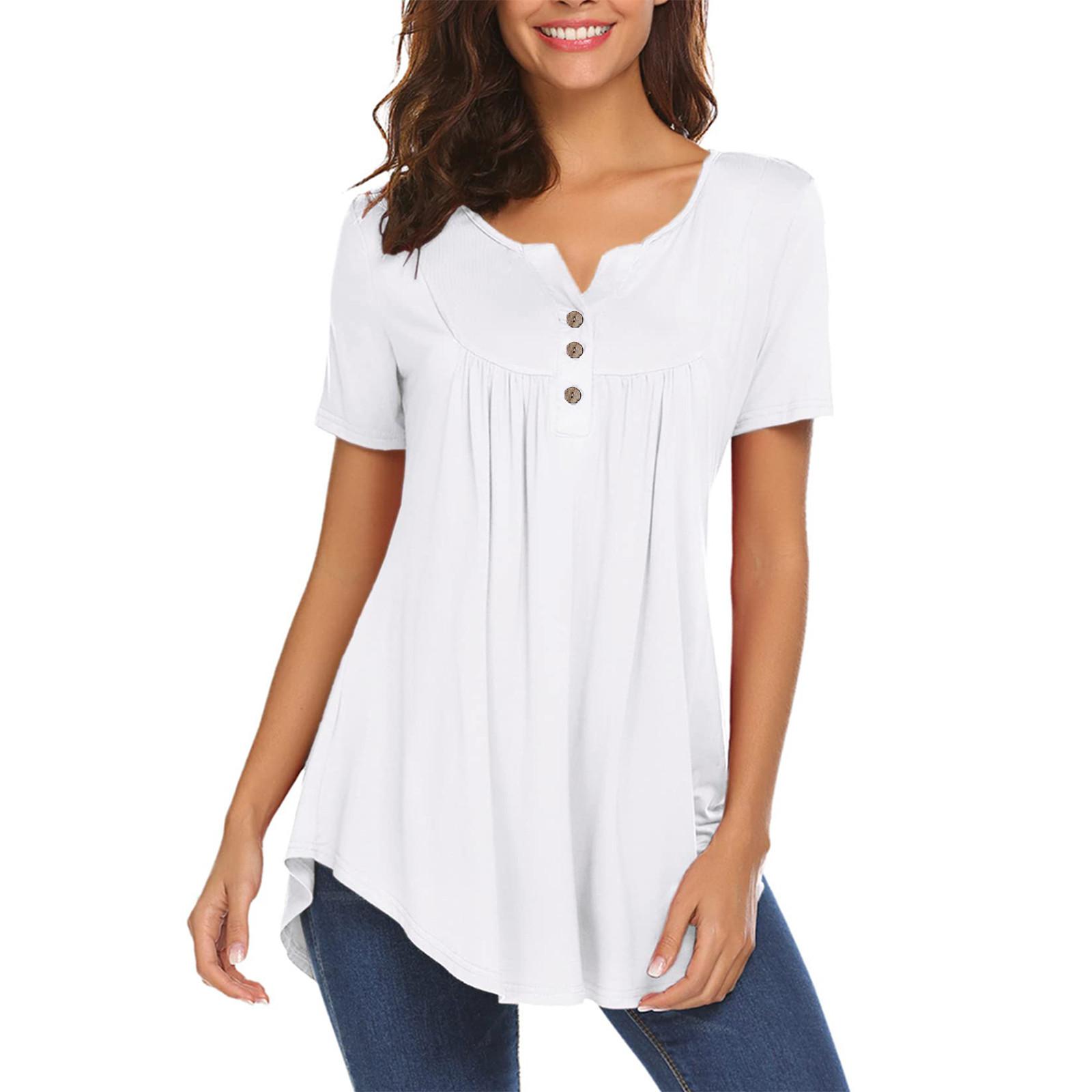 

Женская туника с коротким рукавом, свободные топы, повседневные топы больших размеров, плиссированная туника на пуговицах, повседневные летние футболки для женщин XL белый