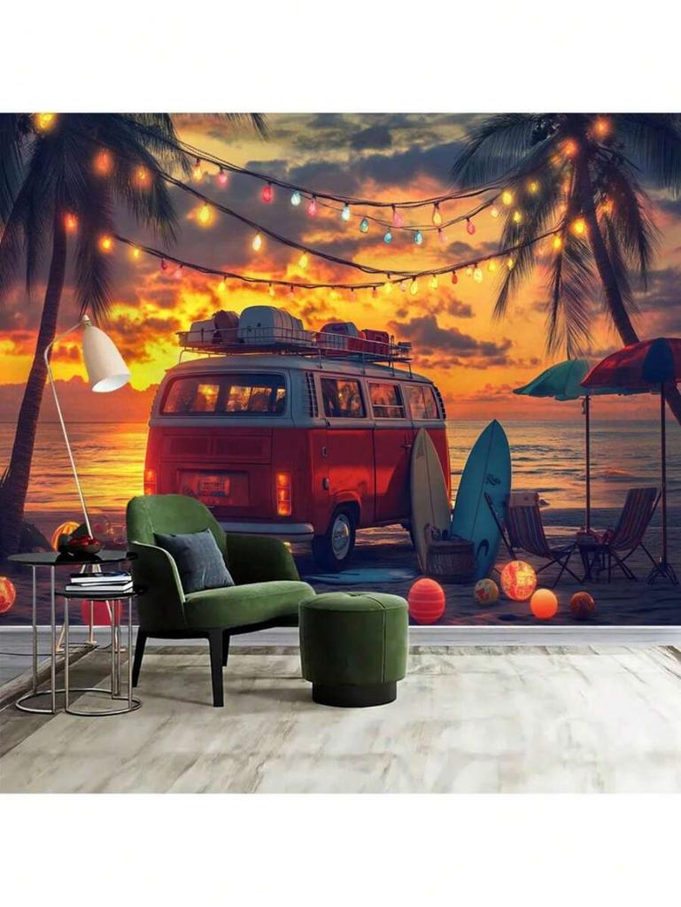 Sunset Seaside Camping Car Print Tapestry Living Room Wall Decoration Multi Size Background Cloth Machine Washable