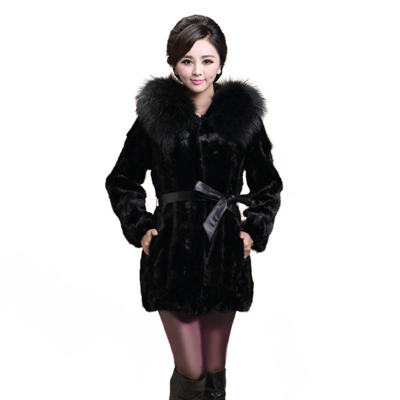 2025 European & American Style Faux Mink Women's Mid-Length Hooded Belted Slimming Fur Coat