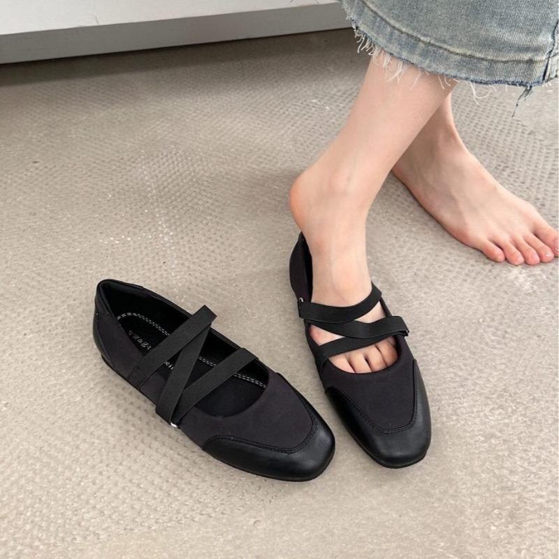 Flat shoes women's square head new spring and autumn light mouth Mary Jane ballet shoes elastic band silver soft sole single shoes