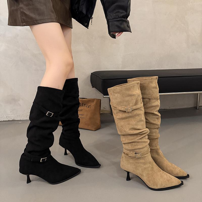 Fashion Boots Pointed Thin Heel Belt Buckle Pleated Heap Boots Women's 2025 Autumn New Temperament Thin High Heel Boots