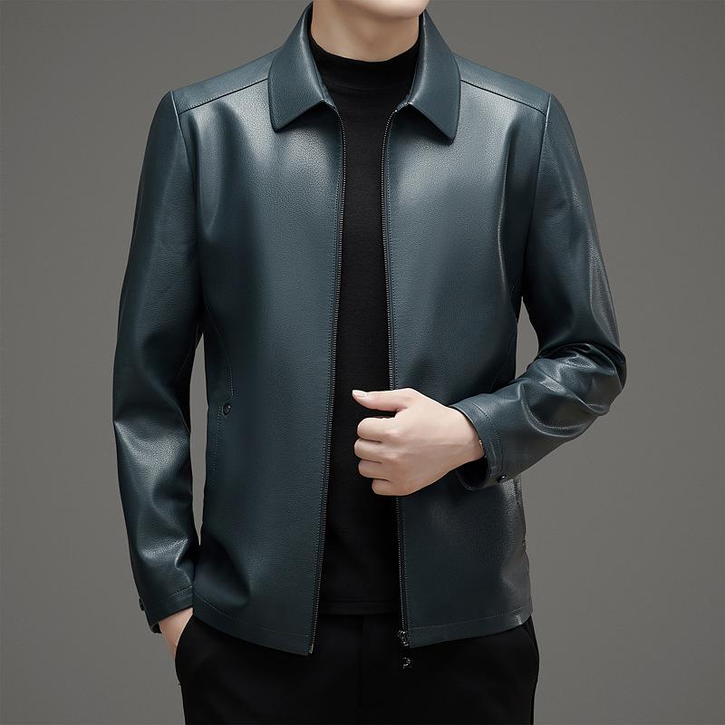 Spring and Autumn Genuine Leather Jacket Men's Sheepskin Middle-aged and Elderly Dad's Velvet Loose Leather Jacket