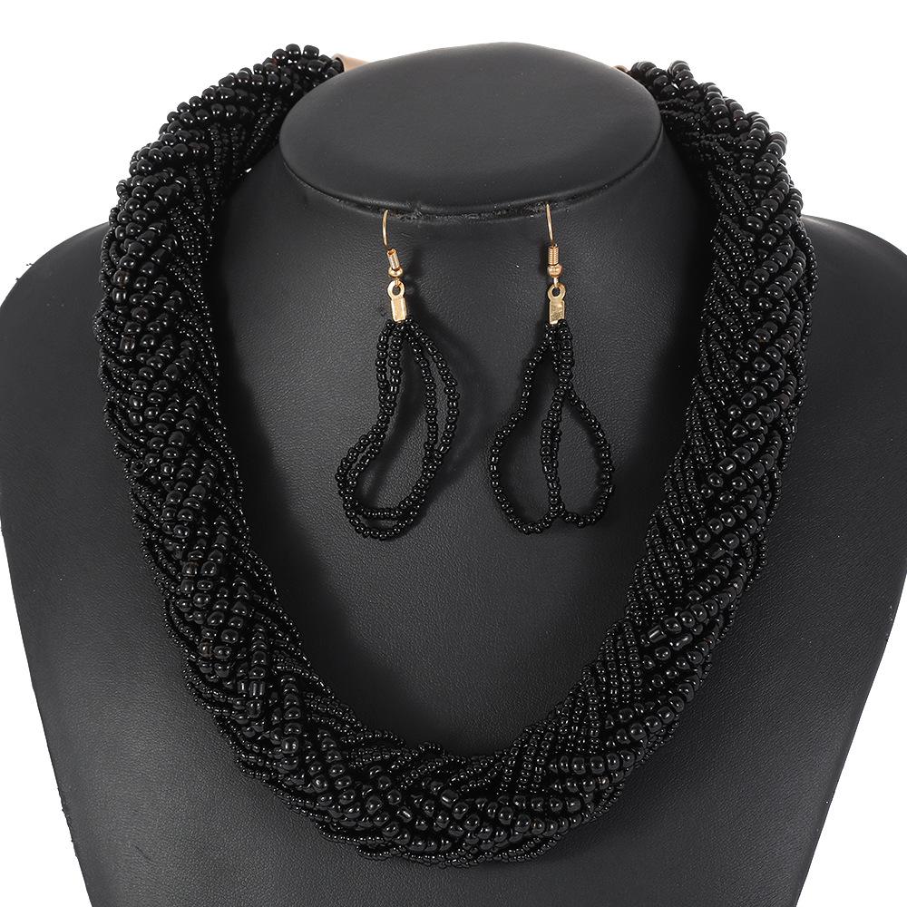 Bohemian Style European Colorful Multi-layer Rice Beads Handmade Woven Necklace Earrings Set