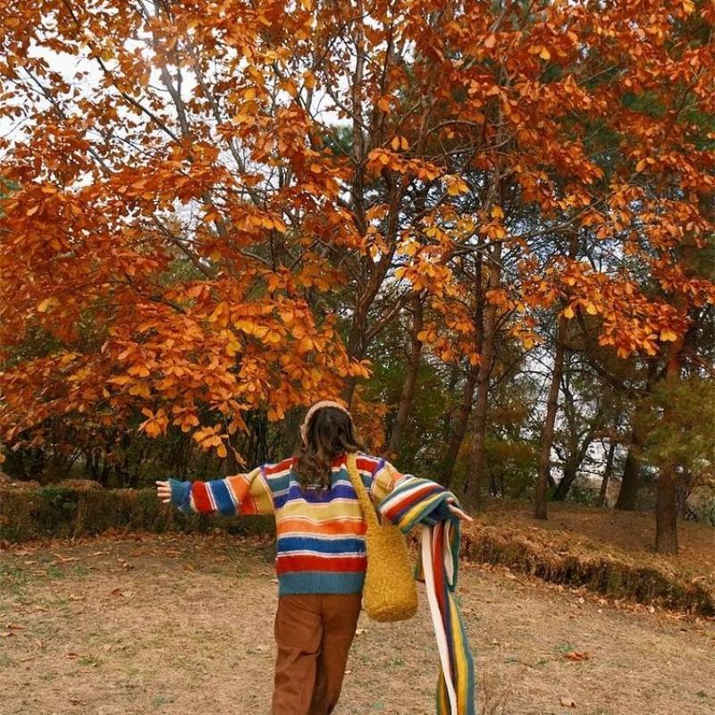 Women Colorful Striped Round Neck Sweater Japanese Retro Fashion Round Neck Cardigan Autumn Loose Lady Single Breasted Top