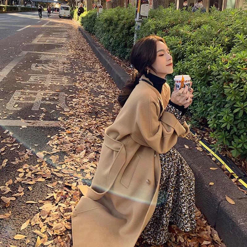 

Шерстяное длинное пальто с лацканами, женское повседневное пальто с длинными рукавами и карманами, элегантное уличное теплое пальто 2XL хаки