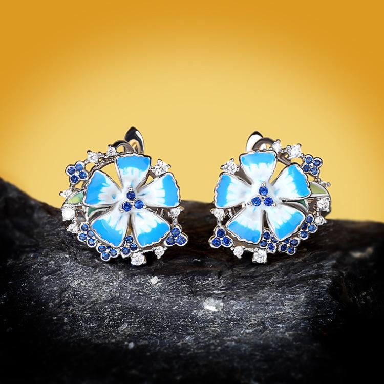 

Изготовленные вручную серьги-подвески «Голубой лотос» с цветной эмалью, комплект из трех предметов