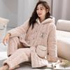 Winter medium and long coral fleece three-layer padded jacket pajamas women's fleece thickened long large lapel loungewear set