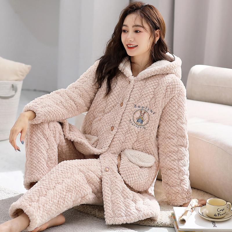 Winter medium and long coral fleece three-layer padded jacket pajamas women's fleece thickened long large lapel loungewear set