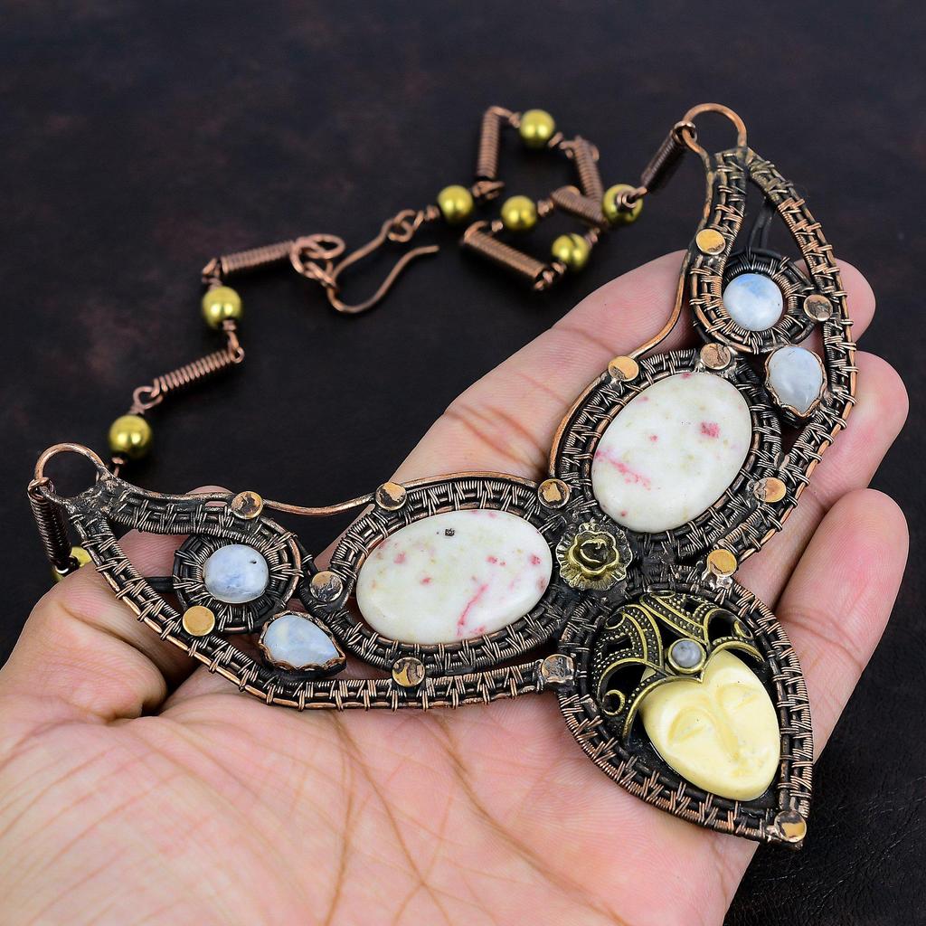 White Carved Bone Face Necklace Copper Wire Wrapped Necklace Adjustable Necklace Cinnabar And Moonstone Necklace Gemstone Handmade Jewelry