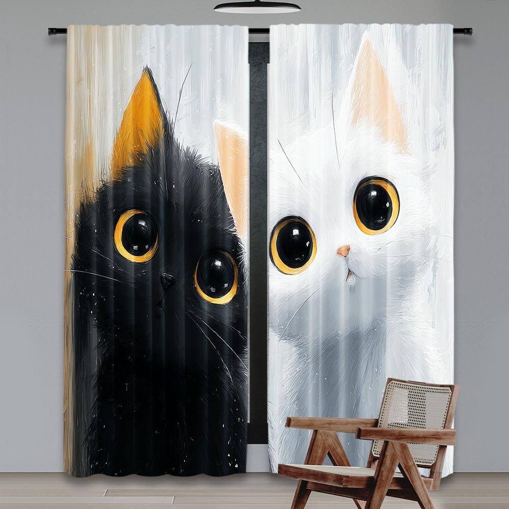 Set Of 2 Flat Printing Drapes Curious Black White Cats Digital Printed Polyester Festive Holiday Indoor Curtains Made